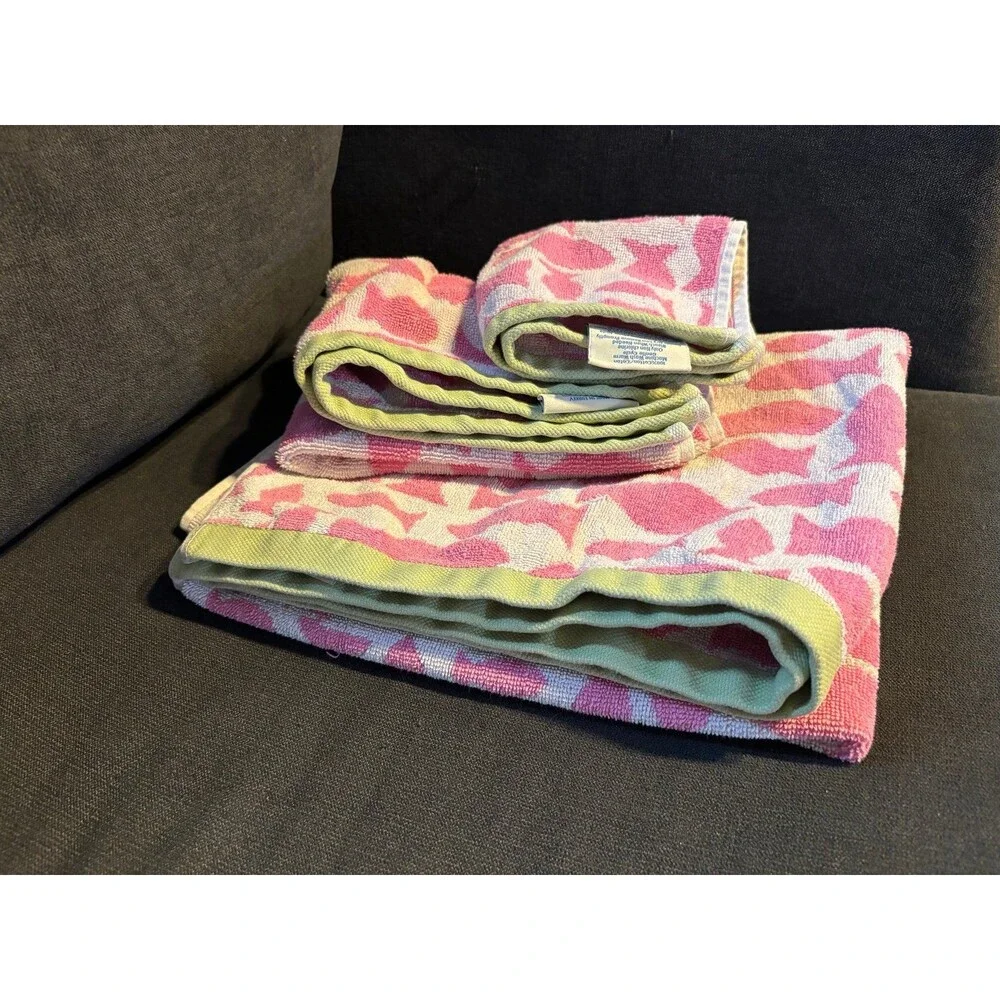 Pottery barn Y2K 2008 pink fish bath towel set hand wash cloth cotton turkey